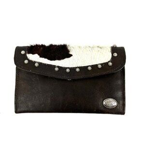 American West Wallet Brown Leather Animal Hair Studded Clutch ￼Made In Paraguay